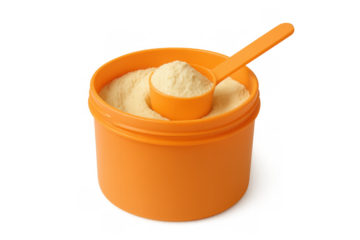 Protein powder scoop measuring supplement in orange container, sports nutrition, health, and fitness concept on transparent background