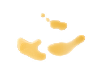 Spilled fish sauce isolated, asian fermented liquid puddle, stain, splatter, brown sauce on white