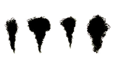 Four abstract shapes resembling smoke or continents in red and green