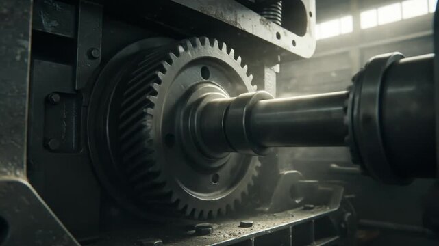 Close-up of industrial machinery with a large metal gear and rotating shaft, bathed in dramatic light