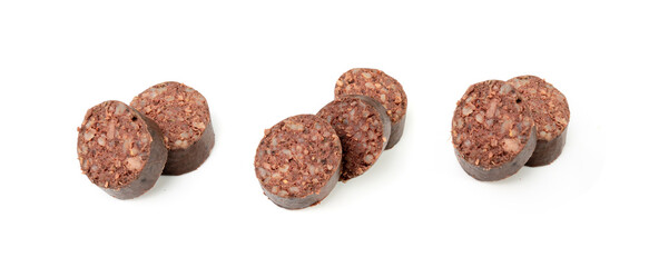 Black pudding isolated, blood sausage kaszanka, traditional Polish terrine, brawn sausages on white
