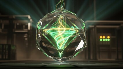 Glowing futuristic crystal orb with energy inside suspended in a dark industrial setting
