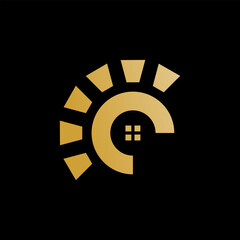 Luxury property emblem with a golden gladiator helmet crest and a house silhouette, an icon for premium construction and security