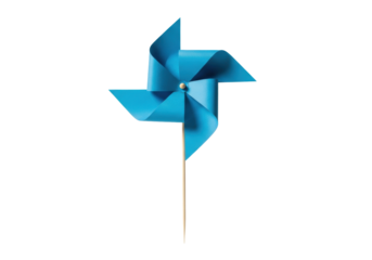 a single matte azure blue paper pinwheel, perfectly stationary on a wood stick, macro photograph against a seamless white studio background, maximizing copy space. concept of childhood memories
