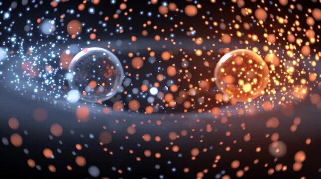 Wide CGI shot of a single atom splitting, releasing bright energy waves and cascading particles in a dramatic, high-detail scientific visualization of nuclear fission