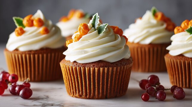 Indulge in the sweet allure of cupcakes, where creamy frosting meets moist cake.  Decorated with festive sprinkles, they're a delightful treat for any occasion.