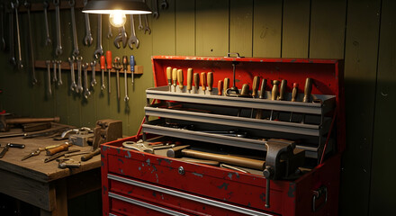 Vintage Red Toolbox and Workshop Tools with Hanging Wrenches and Workbench Under Warm Light