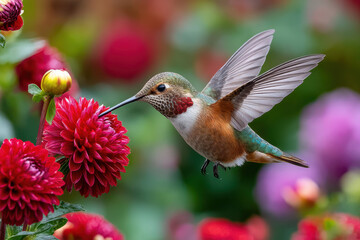 Fototapeta premium A hummingbird hovers near vibrant red dahlia flowers in a colorful garden