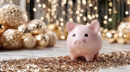 Bright pink piggy bank stands out against a backdrop of falling golden coins, creating a unique and eye-catching financial theme in a festive setting