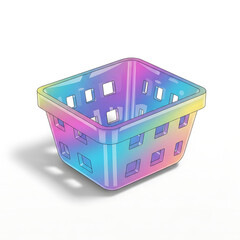 Iridescent plastic basket with apple and text pattern on white background