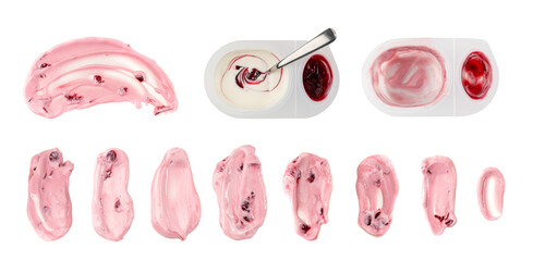 Yogurt smear set isolated, pink yoghurt