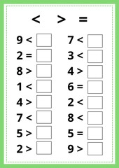 Learning begins here, a simple math worksheet challenges young minds with greater than, less than, and equal to comparisons, fostering early numeracy skills. The worksheet. 