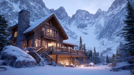 Rustic chalet nestled at the foot of snow-capped mountains, a cozy winter retreat with glowing windows and a stone chimney, surrounded by snow-covered pines.