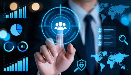 Businessman Tapping Digital Screen with Business Analytics and AI Icons for Strategic Planning
