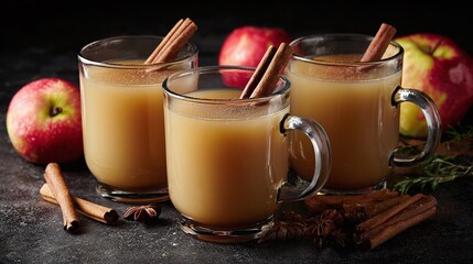 Warm apple cider in glass mugs with cinnamon sticks, evoking autumn's cozy charm. A comforting and flavorful beverage perfect for chilly days with spices and fresh apples.