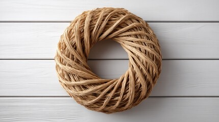 Rustic wreath made of natural materials hanging on a white wooden background, perfect for creating a warm and cozy atmosphere in festive designs