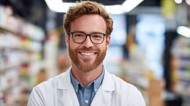 Portrait of a cheerful doctor or pharmacist with ginger hair and beard wearing glasses and a white coat, smiling confidently in a pharmacy with shelves in the blurred background. - Powered by Adobe