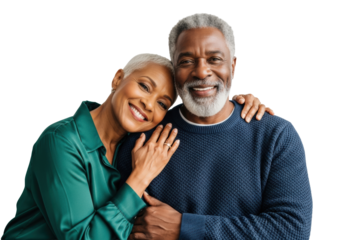 senior african american couple (70s), man in navy sweater and bearded, woman in emerald silk blouse, embracing intimately on a sofa against a high-key white background. concept of a happy, loving,