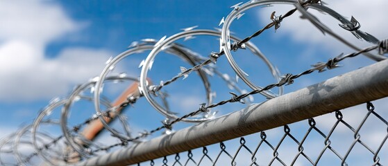 Flag in the background of a prison surrounded by barbed wire under a clear blue sky captured with great detail on a sunny day