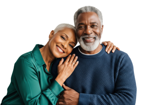 senior african american couple (70s), man in navy sweater and bearded, woman in emerald silk blouse, embracing intimately on a sofa against a high-key white background. concept of a happy, loving, - Powered by Adobe