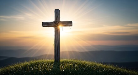 A solitary wooden cross stands tall on a grassy hill, bathed in the breathtaking golden light of a sunrise, symbolizing hope, faith, and spiritual reflection