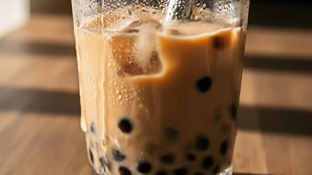 Refreshing iced bubble tea with tapioca pearls in sunlit glasses