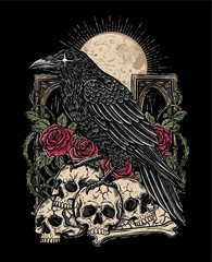 Gothic Raven on Skull Pile with Red Roses &ndash; Dark Atmospheric Artwork for Apparel and Notebook Prints