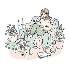Cozy Interior Illustration of a Relaxed Woman Reading in a Blue Armchair with Candles, Plants, Soft Textiles, and a Peaceful Warm Atmosphere