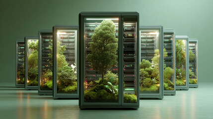 Row of modern data center servers filled with trees and moss under soft studio light, illustrating green computing and sustainable digital infrastructure for Earth Day