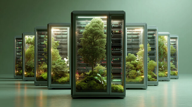 Row of modern data center servers filled with trees and moss under soft studio light, illustrating green computing and sustainable digital infrastructure for Earth Day