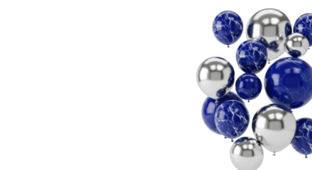 high-gloss sapphire blue marbled and polished metallic silver geometric balloons floating elegantly in a high-key studio with copy space left, luxurious celebration atmosphere