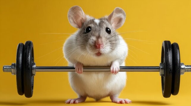 A small hamster is holding a dumbbell in its paws. The hamster is standing on a yellow background