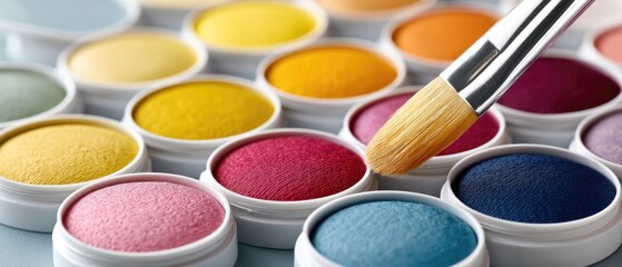 Watercolor paint palette with brushes on a vibrant backdrop during a creative art session in a studio setting