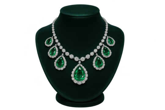 Elegant emerald and diamond necklace isolated on transparent background