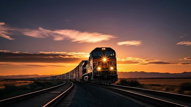 Majestic freight train at sunset on scenic railroad journey through the countryside
