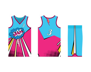 Mockup of a basketball uniform for a sports club. Template jersey design front view, back view and side view. Vector illustration.