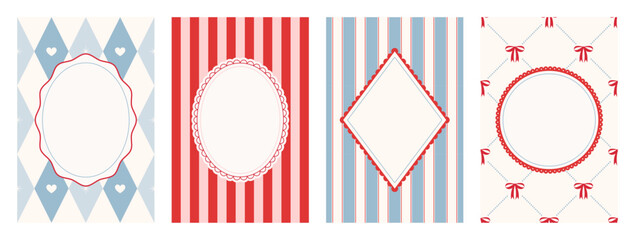 Fototapeta premium Set of Coquette Vintage frames with scallop lace on seamless pattern backgrounds. Christmas greeting card collection with elegant whimsical border. Cute birthday invitation. Vector illustration