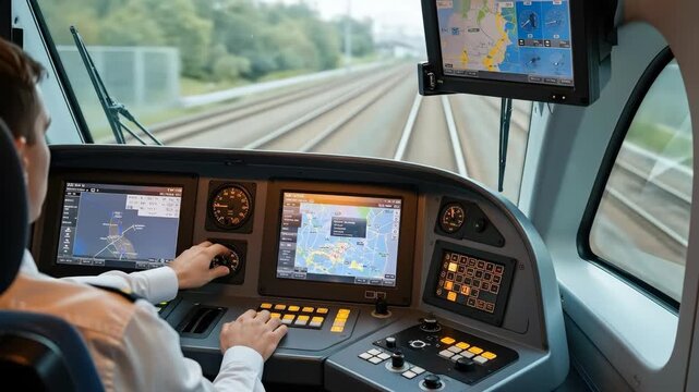 Train engineer navigating highspeed journey using advanced control and monitoring systems
