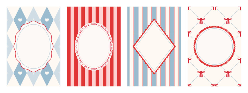 Set of Coquette Vintage frames with scallop lace on seamless pattern backgrounds. Christmas greeting card collection with elegant whimsical border. Cute birthday invitation. Vector illustration