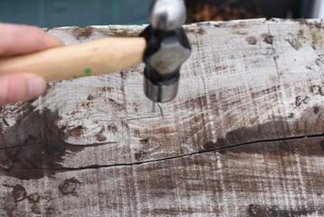Hammer driving staple into wooden surface
