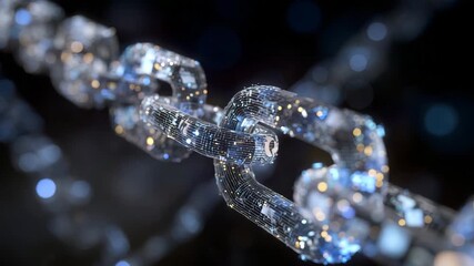 3D render of interconnected financial data cubes forming a blockchain chain, with holographic icons for security, transparency, and efficiency - Powered by Adobe