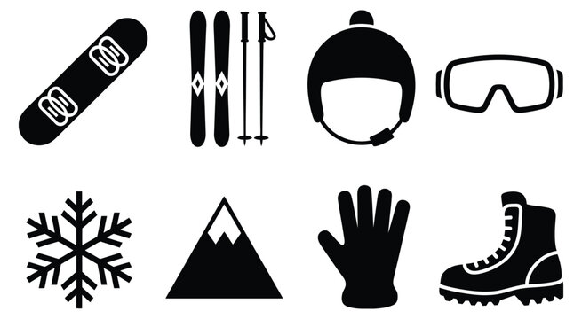 a collection of winter sports and mountain recreation icons, featuring snowboard, skis, helmet, goggles, and essential gear symbols, ideal for outdoor activity graphics, sports branding, and adventure - Powered by Adobe