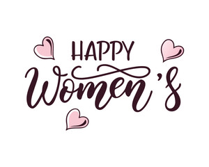 Elegant Happy Womens Day Calligraphy with Pink Hearts on White Background For Greeting Cards and Social Media Posts