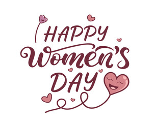 Happy Womens Day Stylish Calligraphy Design with Cute Heart Accents and Elegant Typography for Celebratory Greetings and Social Media Posts