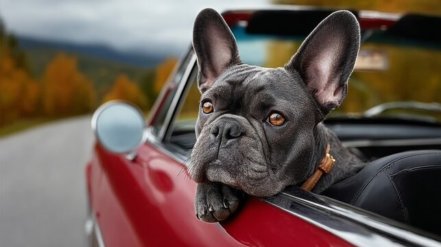 A dog is sitting in the back seat of a red car. The dog is looking out the window and he is enjoying the ride