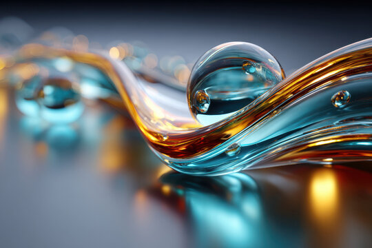 Abstract swirling blue and gold liquid with spheres - Powered by Adobe