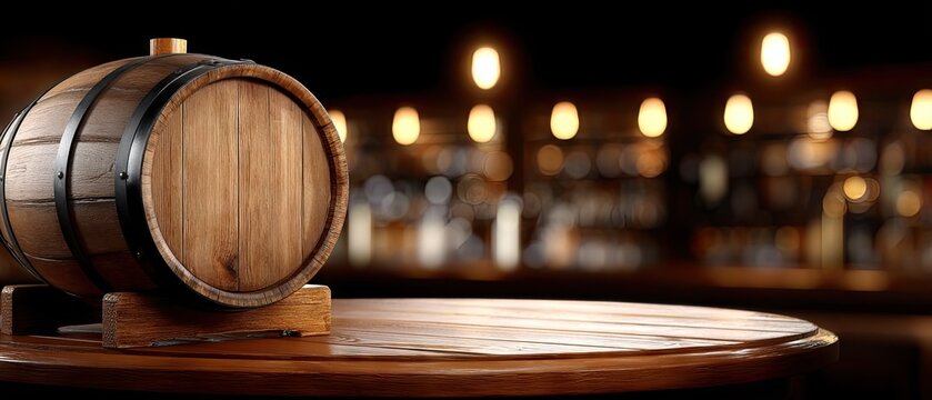 Old wooden table and barrel set against a blurred dark pub background, ready for product display and promotion