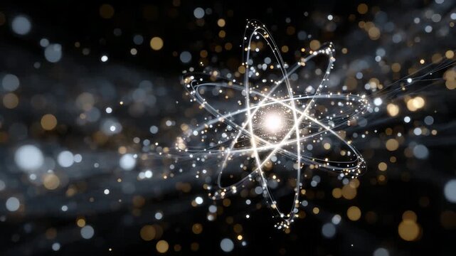 6Artistic macro illustration of atomic bonds interlinking in 3D space, surrounded by glowing particles and a minimalist gradient scientific background
