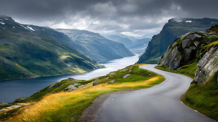 Winding Road Through a Dramatic Mountain Landscape with Lake