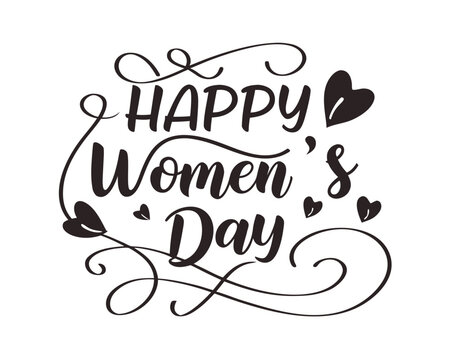 Elegant Happy Womens Day vector design with decorative swirls and hearts for posters and social media posts celebrating female empowerment